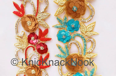 Red / Blue & Gold Hand Embroidered Zardozi Cutwork Lace Trim Beaded Trim, Sequins Rhinestones Wedding Bridal Belt Decorative